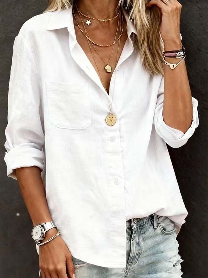Women'S Casual Loose-Fitting Solid Color Cotton And Linen Shirt