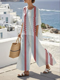 Women's Loose Round Neck Striped Contrast Color Pants Set