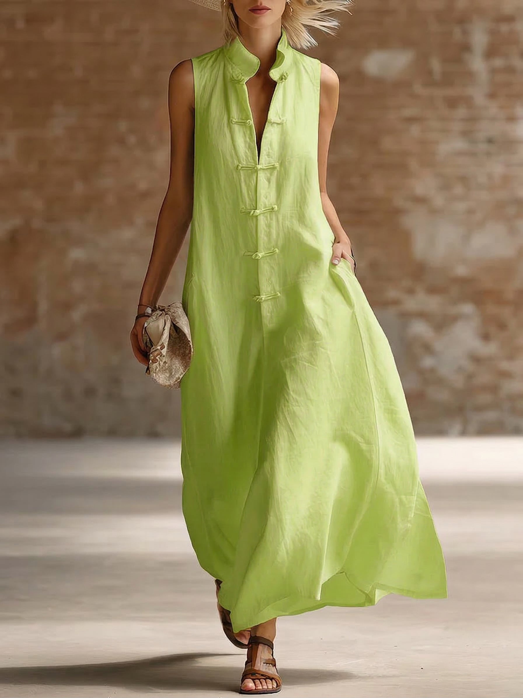Stylish Stand-up Collar Frog Buttons Loose Linen-cotton Maxi Dress