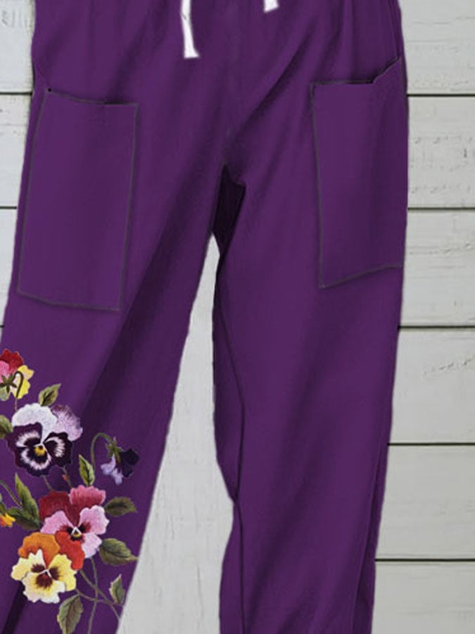Women's Purple Pansy Floral Print Casual Pants
