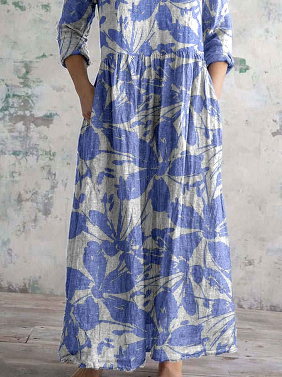 Women's V-neck Floral Print Cotton Dress