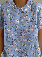 Spring Butterfly And Floral Pattern Printed Women's Casual Cotton And Linen Shirt