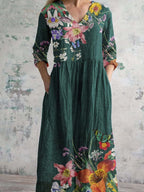 Women's V-neck Elegant Floral Pattern Cotton Dress