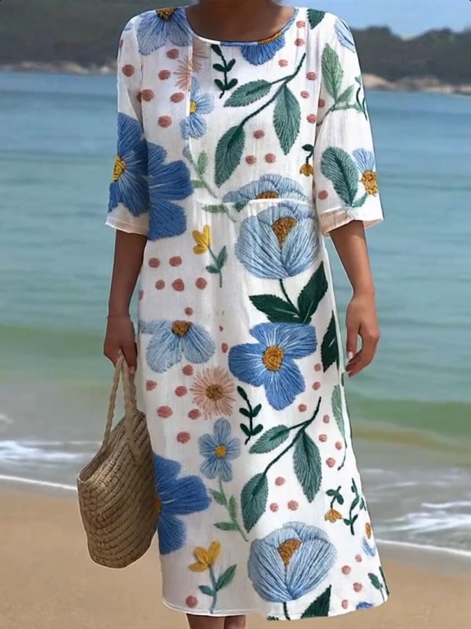 Women's Casual  Round Neck Mid Sleeve Print Cotton and Linen Dress