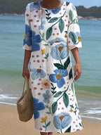 Women's Casual  Round Neck Mid Sleeve Print Cotton and Linen Dress
