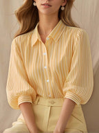 Women's Striped 3/4-sleeve Puff-sleeve Lapel Collared Shirt