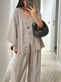 Casual V-neck loose long-sleeved top high waist trousers two-piece suit