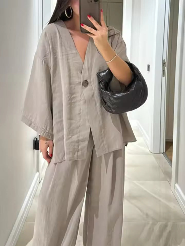 Casual V-neck loose long-sleeved top high waist trousers two-piece suit