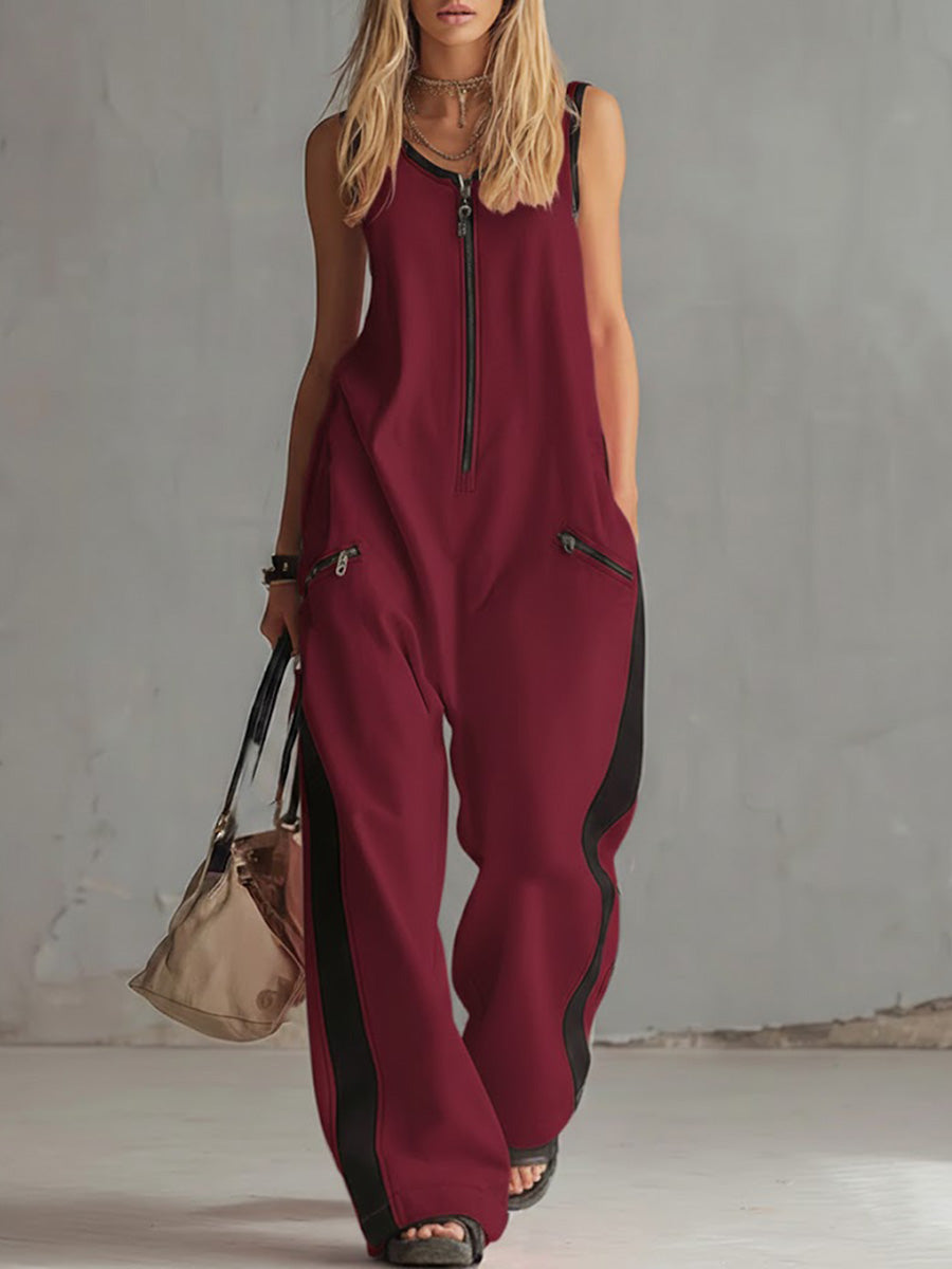 Damen ärmelloser, lässiger Jumpsuit aus Baumwolle mit Rundhalsausschnitt und weitem Bein