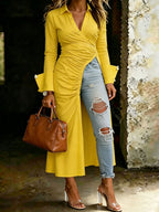 Women's Solid-color Fashionable Asymmetrical Slit Design Long Sleeve Shirt Dress