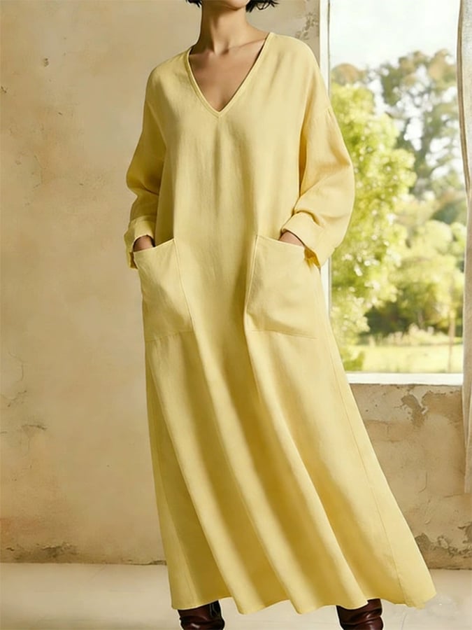 Women'S Casual V-Neck Loose-Fitting Long-Sleeved Dress With Pockets