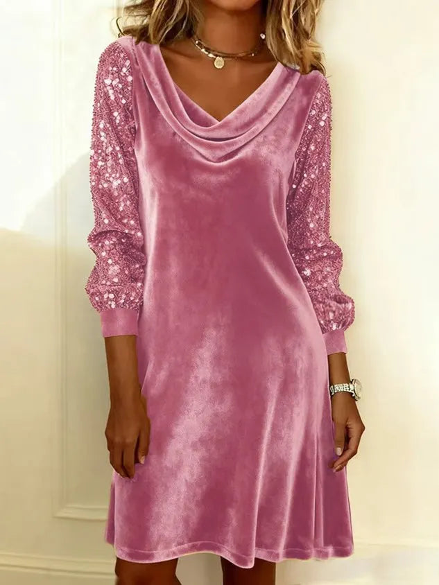 Women's Plain Gold Cowl Neck Comfortable Slit Joint Sexy Midi Dress
