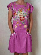 Women's Classic Floral Pattern Cotton and Linen Dress