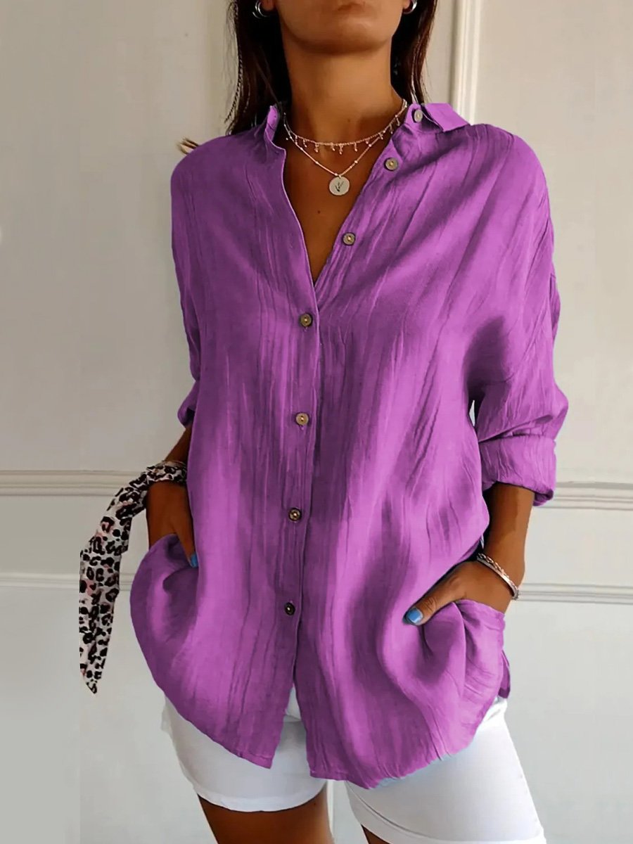 Women's Single-Row Buttons Pleated Solid Color Shirt