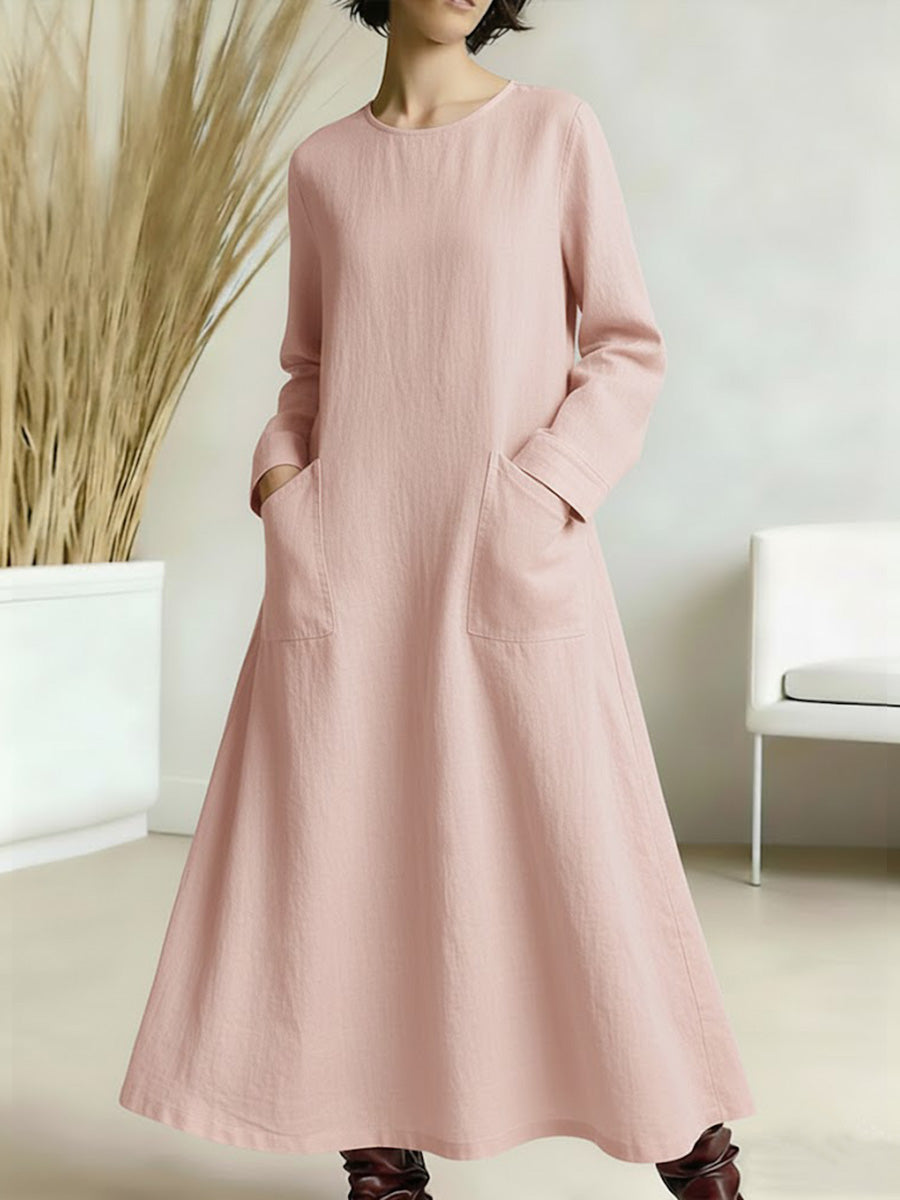 Women's Solid Color Round Neck Long-sleeved Casual Loose A-line Cotton And Linen Dress
