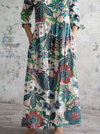 Women's Elegant Floral Pattern V-Neck Cotton Dress