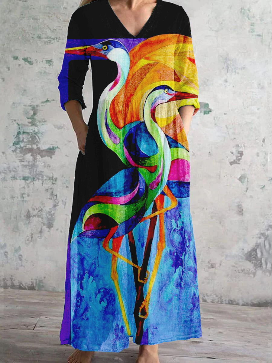 Women's V Neck Abstract Double Crane Art Cotton and Linen Pocket Dress