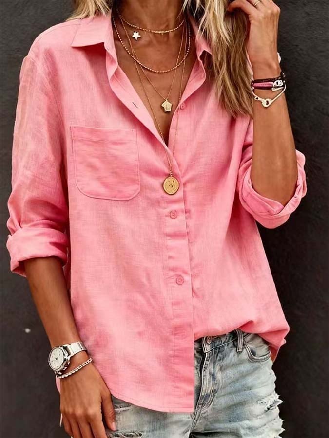 Women'S Casual Loose-Fitting Solid Color Cotton And Linen Shirt