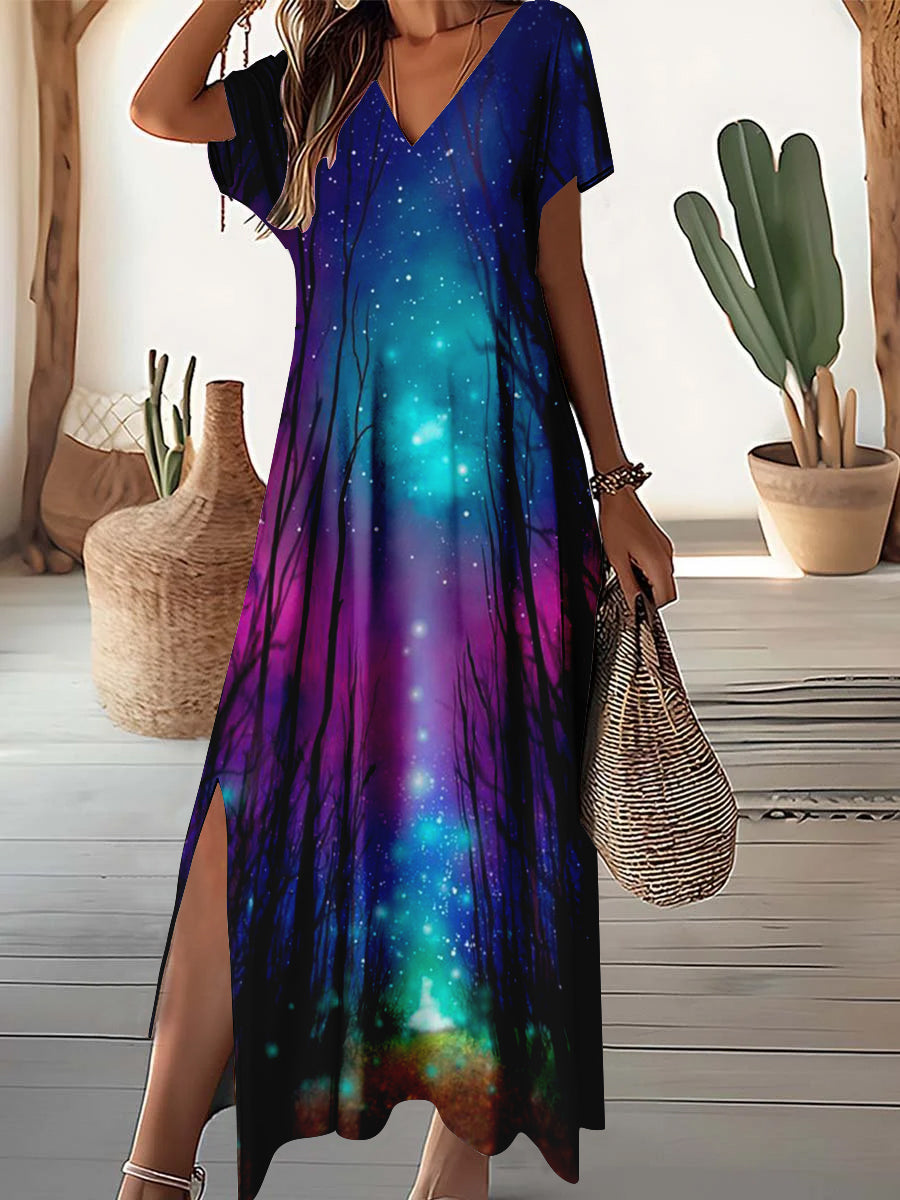 Women's V-Neck Starry Forest Art Print Dress