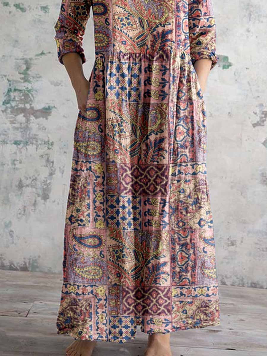 Women's Kantha Style Floral Pattern V Neck Cotton Fabric Dress with Pockets
