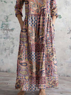 Women's Kantha Style Floral Pattern V Neck Cotton Fabric Dress with Pockets
