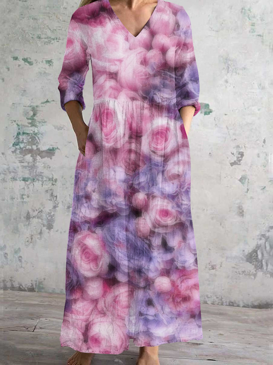 Women's V Neck Fantasy Floral Art Print Cotton and Linen Pocket Dress