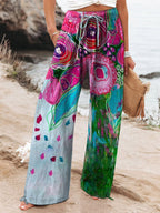 Women's Vintage Lovely Floral Art Printed Cotton And Linen Casual Pants