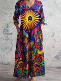 Women's V-Neck Abstract Sun Forest Animal Illustration Art Print Cotton And Linen Pocket Dress