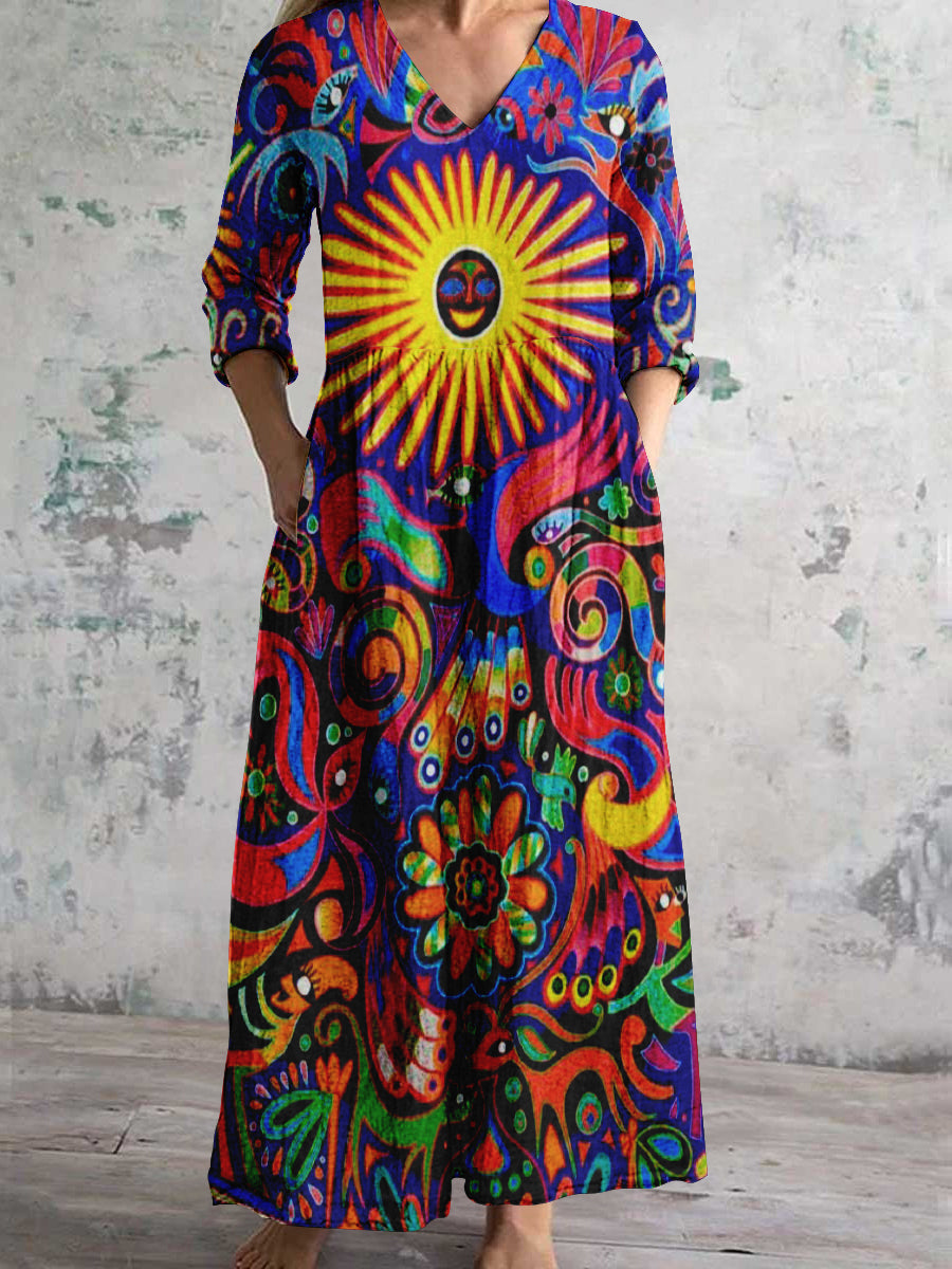 Women's V-Neck Abstract Sun Forest Animal Illustration Art Print Cotton And Linen Pocket Dress