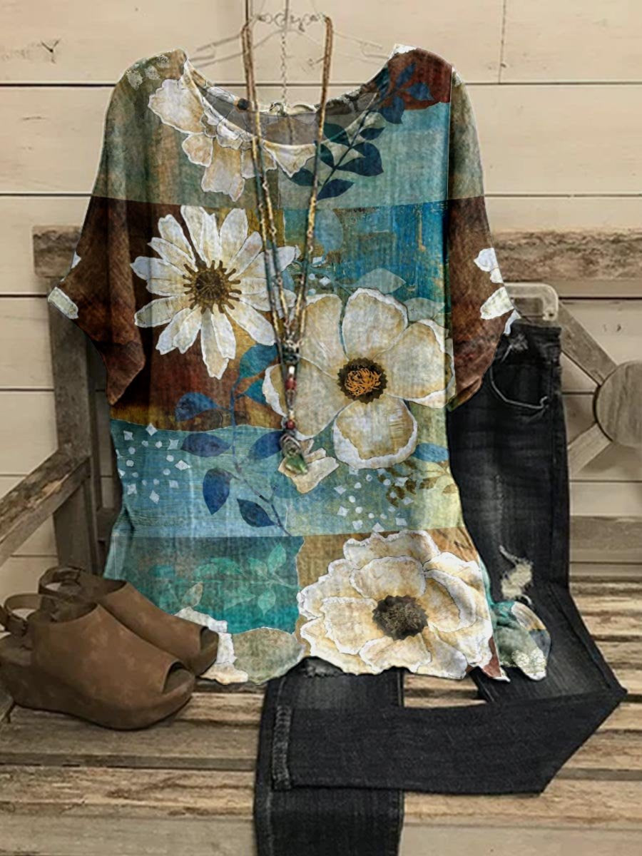 Women's Round Neck Floral Pattern Vintage Top
