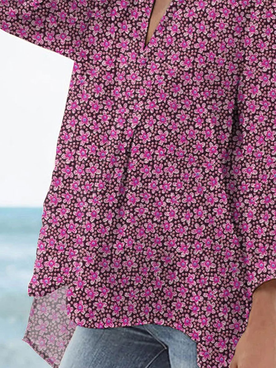 Women's Vintage Lovely Floral Art Print Casual Linen V-neck Shirt