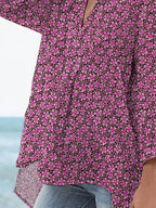 Women's Vintage Lovely Floral Art Print Casual Linen V-neck Shirt