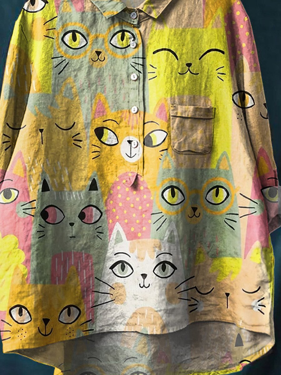 Vintage Lovely Cats Art Print Casual Cotton And Linen Shirt