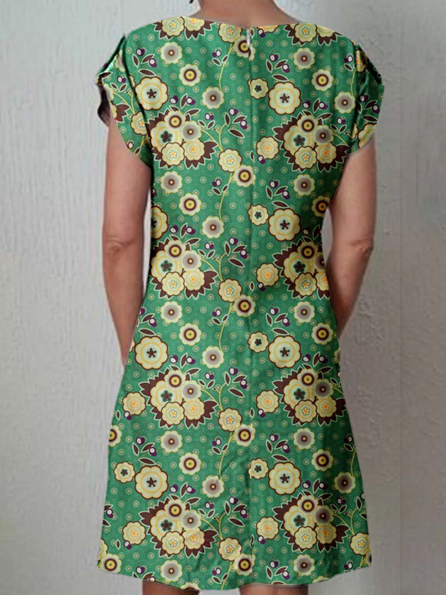 Women's Classic Art Floral Print Cotton and Linen  Dress