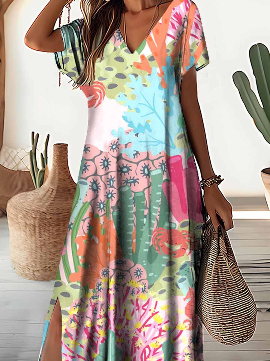 Women's Underwater World Pattern Resort Style V-Neck Dress