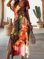 Women's V-Neck Art Fluid Pattern Dress
