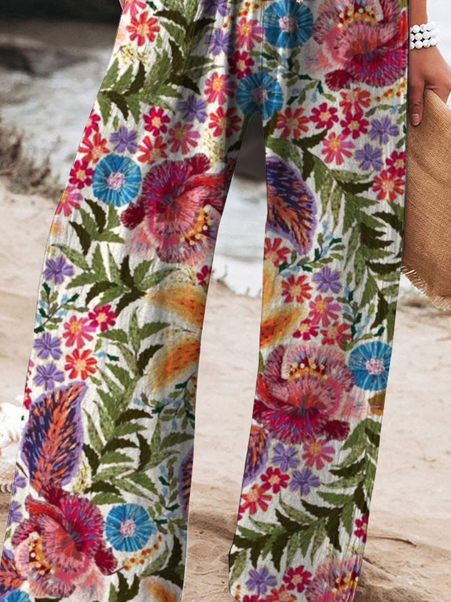 Women's Vintage Lovely Floral Art Printed Cotton And Linen Casual Pants