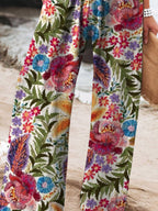 Women's Vintage Lovely Floral Art Printed Cotton And Linen Casual Pants