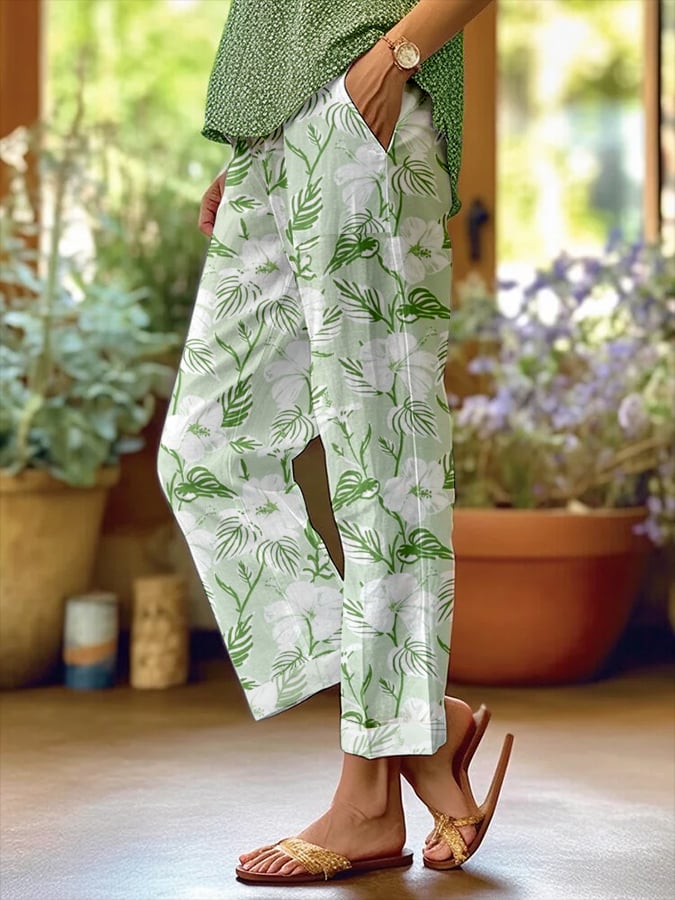 Women's Botanical Floral Design Loose Pocket Patchwork Casual Pants