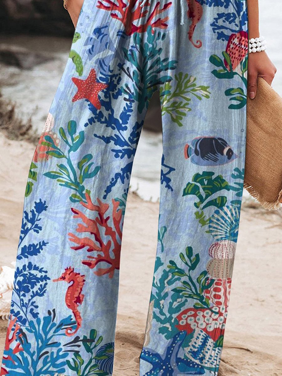Women's Vintage Lovely Sea Life Art Printed Cotton And Linen Casual Pants