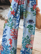 Women's Vintage Lovely Sea Life Art Printed Cotton And Linen Casual Pants