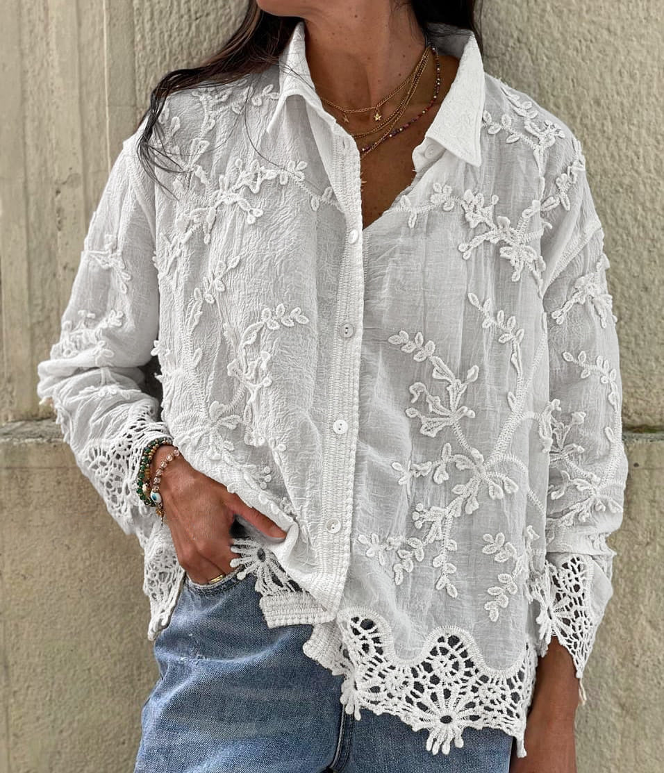 Cotton and linen collared 3D embroidered shirt