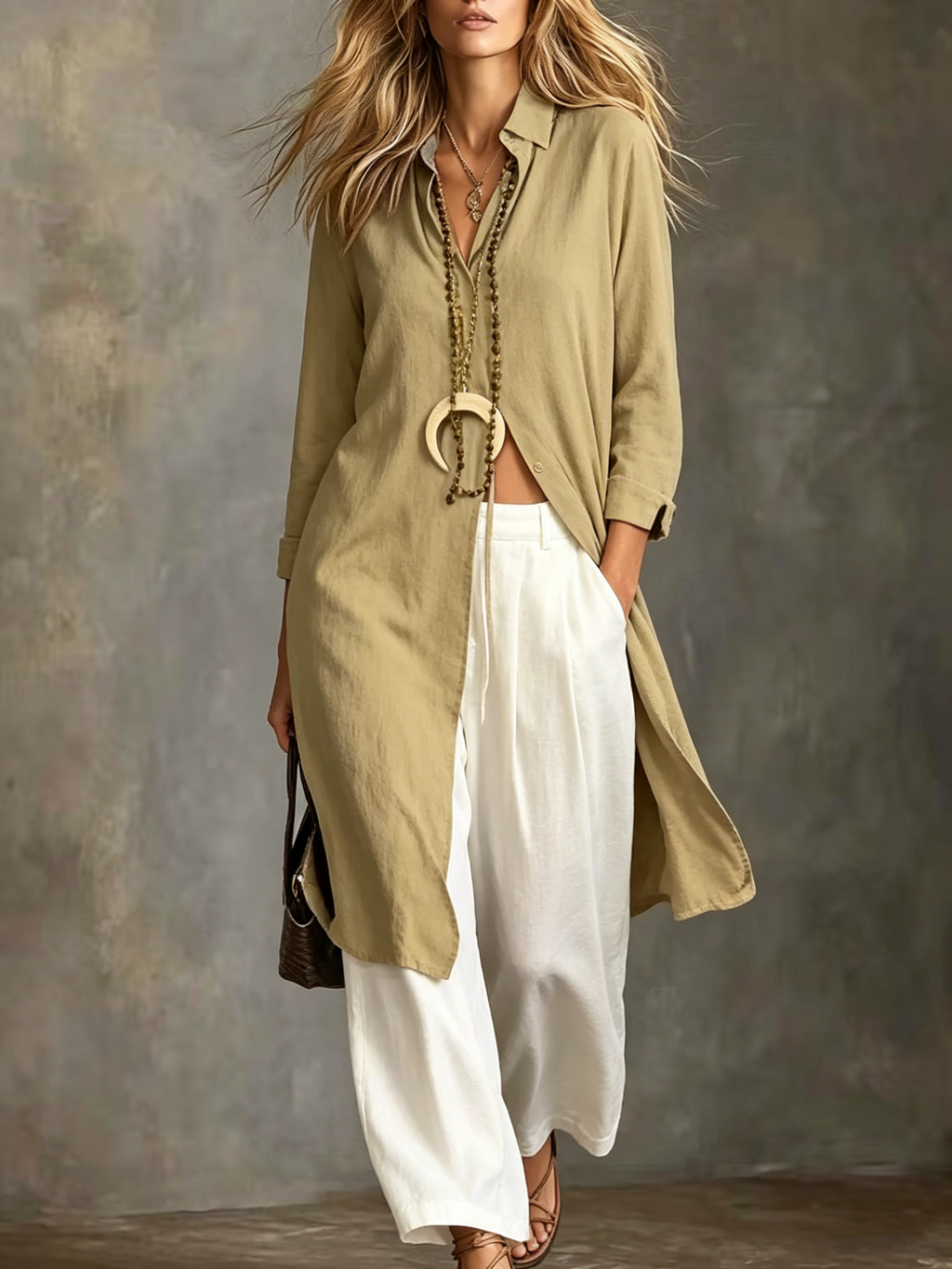 Women's Linen-blend Button-front Long Shirt Dress Trousers Set