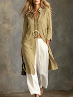 Women's Linen-blend Button-front Long Shirt Dress Trousers Set