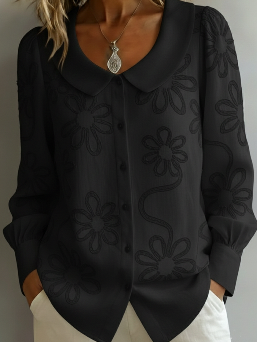Elegant Peter Pan Collar Embroidered Floral Shirt