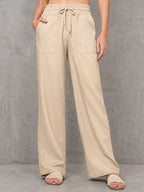 Apricot Cotton-linen Straight-leg Wide-leg Pants With Elastic Drawstring Waist