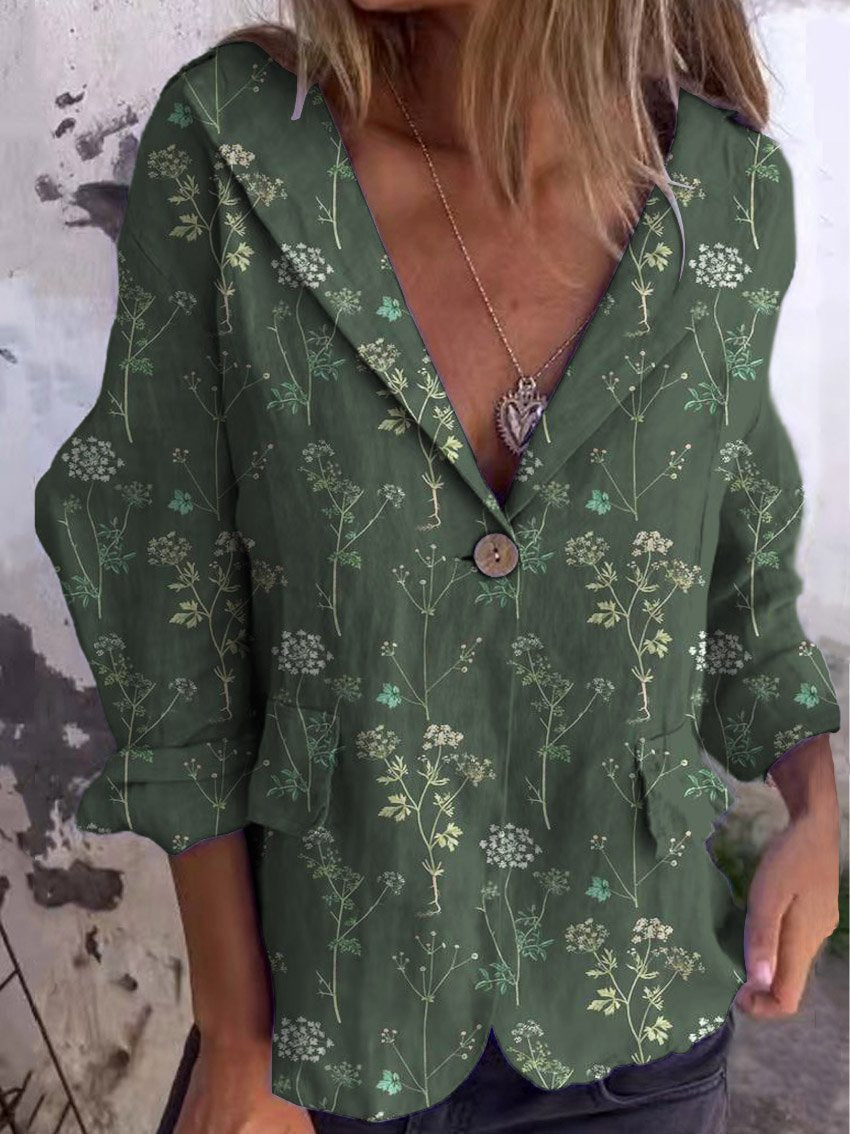 Women's Vintage Floral Art Print Casual Linen And Cotton Pocket Coat