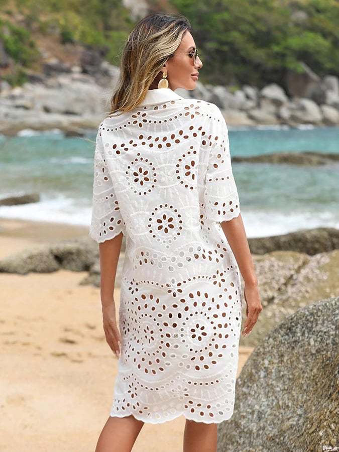 Women's Resort Eyelet Embroidery Button Front Drop Shoulder Shirt Dress