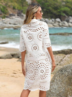 Women's Resort Eyelet Embroidery Button Front Drop Shoulder Shirt Dress