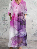 Women's V Neck Rendered Floral Art Print Cotton and Linen Pocket Dress